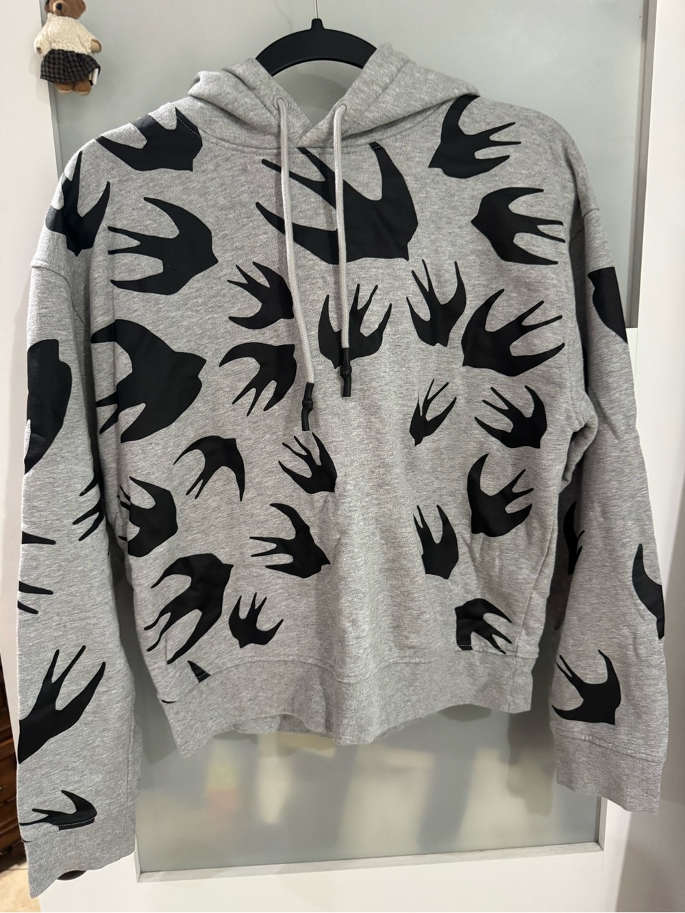 Alexander McQueen Gray Hoodie with Black Swallow Motif